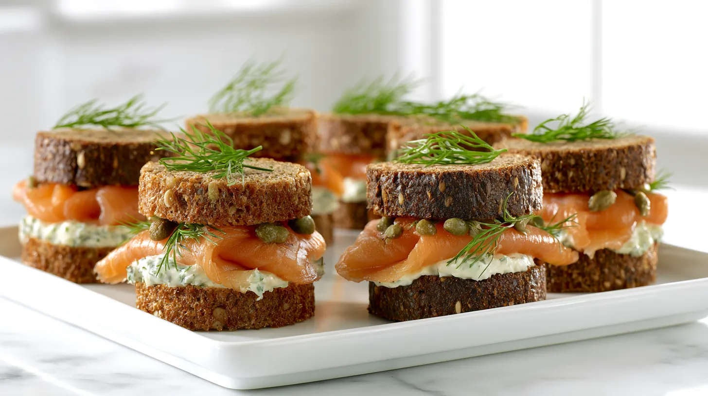hyper-realistic editorial food photography of smoked salmon tea sandwiches, soft rye and pumpernickel sandwich bread with crusts removed, cut into small neat closed rounds with a top and bottom bread layer, creamy herb spread visible between the bread, thin folded smoked salmon layered inside, tiny capers and fresh dill peeking from the edges, clean polished cut edges, arranged neatly on a white ceramic platter, white marble kitchen counter, bright white kitchen background, soft natural window light, elegant afternoon tea styling, realistic textures, no people, no hands, no text, no watermark