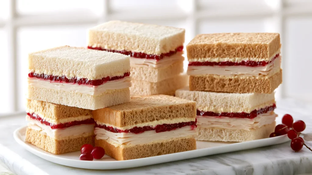 hyper-realistic food photography of turkey cranberry tea sandwiches, soft white and wheat sandwich bread with crusts removed, cut into slim neat rectangles, layered with thin sliced turkey and a creamy cranberry spread visible at the edges, tidy clean cuts, arranged on a white serving plate with a few fresh cranberries or berries nearby, white marble kitchen counter, bright white kitchen background, soft natural window light, elegant tea party styling, realistic textures, no people, no hands, no text, no watermark