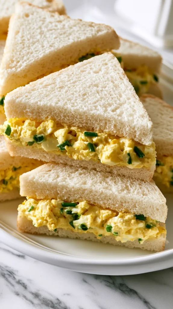hyper-realistic close-up food photography of egg salad tea sandwiches, soft white sandwich bread with crusts removed, cut into small neat triangles, filled with creamy egg salad made with finely chopped hard-boiled eggs, chives, and a hint of mustard visible in the filling, smooth tidy edges, arranged on a white ceramic platter, white marble kitchen counter, bright white kitchen background, soft natural window light, classic tea party food styling, realistic textures, no people, no hands, no text, no watermark