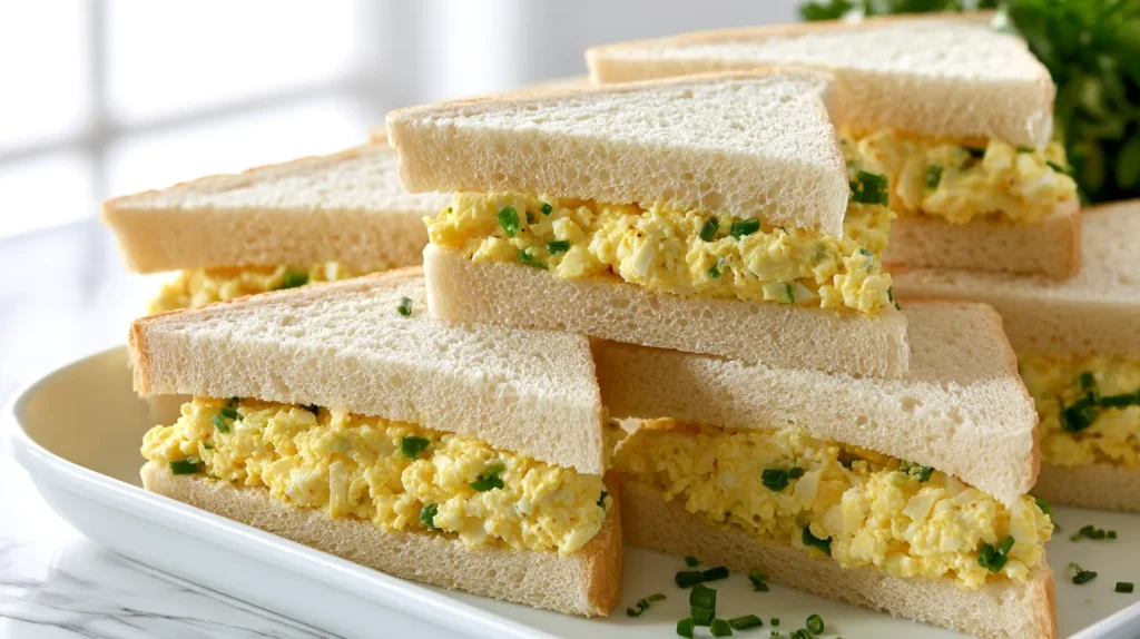 hyper-realistic close-up food photography of egg salad crustless tea sandwiches, soft white sandwich bread with crusts removed, cut into small neat triangles, filled with creamy egg salad made with finely chopped hard-boiled eggs, chives, and a hint of mustard visible in the filling, smooth tidy edges, no crust, arranged on a white ceramic platter, white marble kitchen counter, bright white kitchen background, soft natural window light, classic tea party food styling, realistic textures, no people, no hands, no text, no watermark