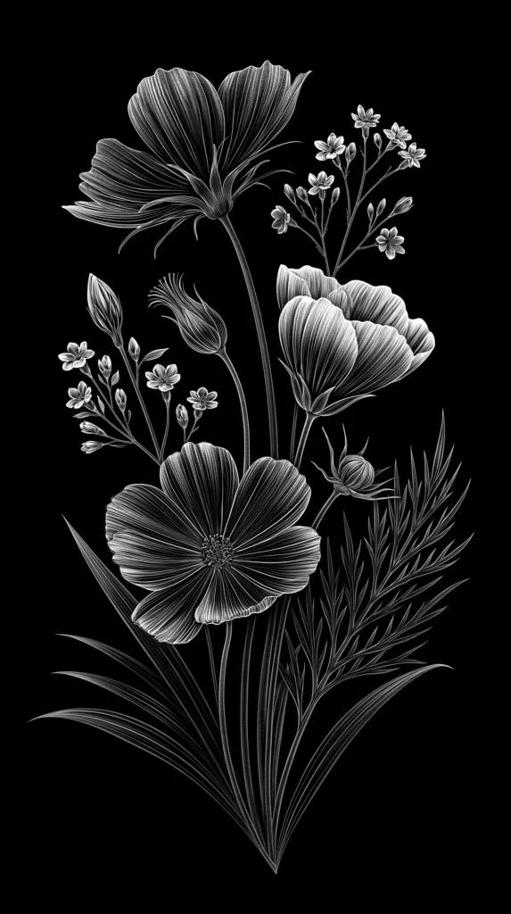black and white a thin floral line drawing, wallpaper background