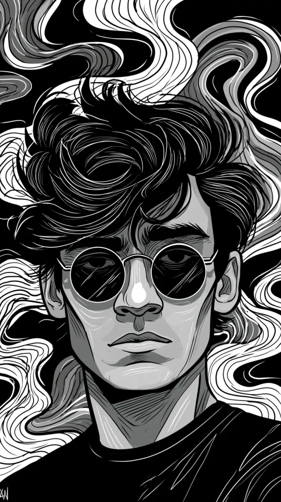 black and white picture of a man with sunglasses, drawing