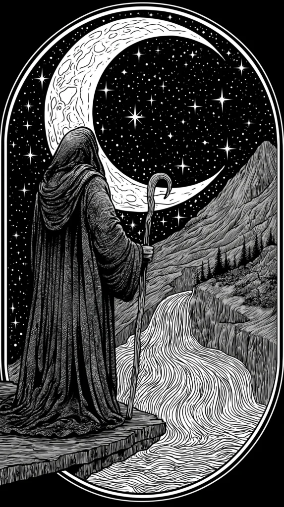 black and white aesthetic, person in a robe, with staff
