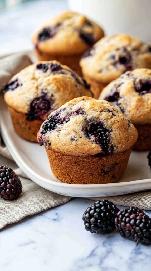 Hyper-realistic photo of freshly baked blackberry muffins on a white marble kitchen counter, soft golden domed tops, juicy dark purple blackberry pockets visible on the surface, a few fresh blackberries scattered nearby, neutral linen napkin, bright natural window light, clean summer kitchen background softly blurred, cozy homemade bakery feel, realistic muffin texture, no text, no watermark, no people