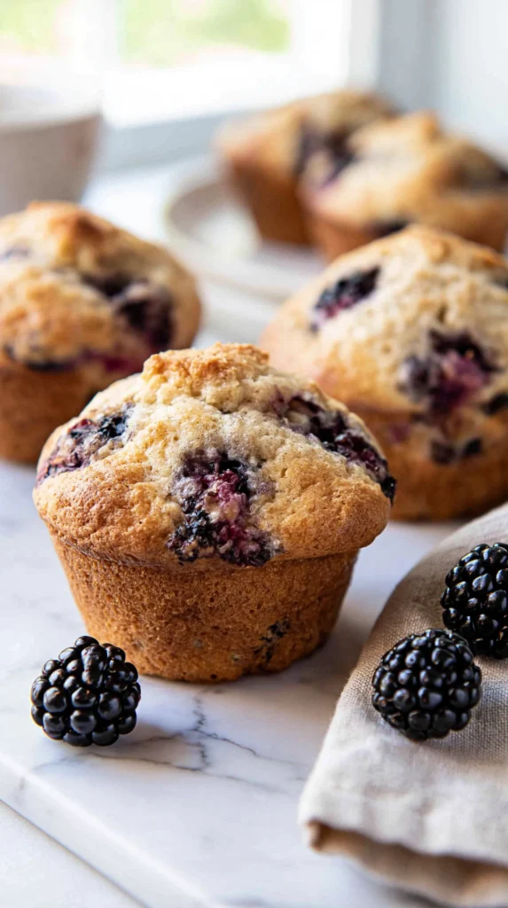 Hyper-realistic photo of freshly baked blackberry muffins on a white marble kitchen counter, soft golden domed tops, juicy dark purple blackberry pockets visible on the surface, a few fresh blackberries scattered nearby, neutral linen napkin, bright natural window light, clean summer kitchen background softly blurred, cozy homemade bakery feel, realistic muffin texture, no text, no watermark, no people