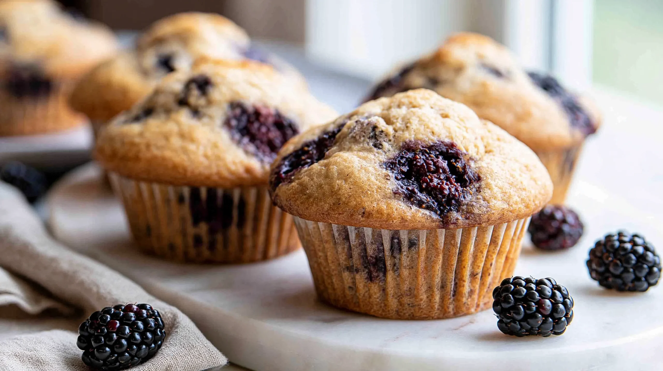 Hyper-realistic photo of freshly baked blackberry muffins on a white marble kitchen counter, soft golden domed tops, juicy dark purple blackberry pockets visible on the surface, a few fresh blackberries scattered nearby, neutral linen napkin, bright natural window light, clean summer kitchen background softly blurred, cozy homemade bakery feel, realistic muffin texture, no text, no watermark, no people