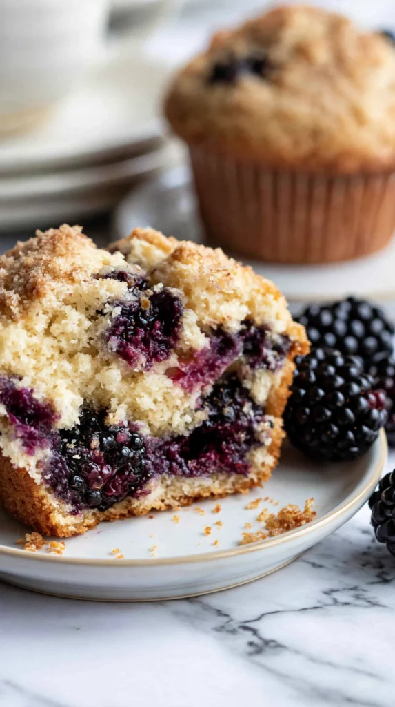 Hyper-realistic close-up photo of one blackberry muffin split open on a small white ceramic plate, tender pale golden crumb with juicy baked-in blackberry pieces inside, slight crumble around the muffin, fresh blackberries beside the plate, white marble kitchen counter, soft natural daylight, shallow depth of field, warm inviting brunch styling, realistic baked texture, no text, no watermark, no people
