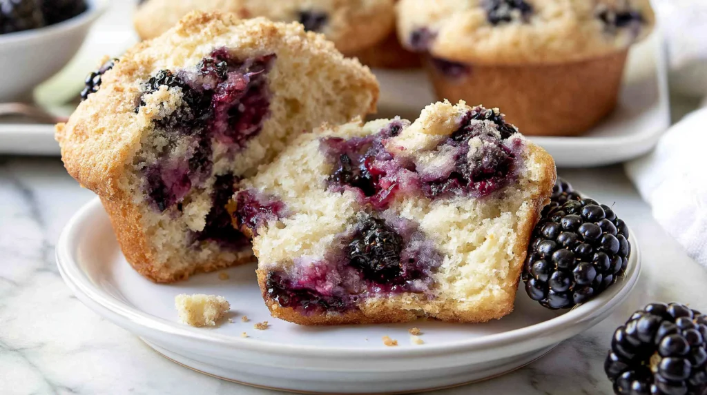 Hyper-realistic close-up photo of one blackberry muffin split open on a small white ceramic plate, tender pale golden crumb with juicy baked-in blackberry pieces inside, slight crumble around the muffin, fresh blackberries beside the plate, white marble kitchen counter, soft natural daylight, shallow depth of field, warm inviting brunch styling, realistic baked texture, no text, no watermark, no people