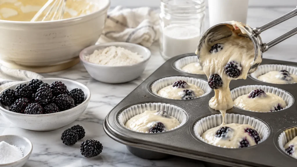 Hyper-realistic photo of blackberry muffin batter being spooned into a lined 12-count muffin tin, thick vanilla batter with whole blackberries folded in, a few blackberries and baking ingredients nearby, white marble kitchen counter, bright natural kitchen light, clean cozy baking setup, realistic batter texture, Pinterest-style food photography, no text, no watermark, no people