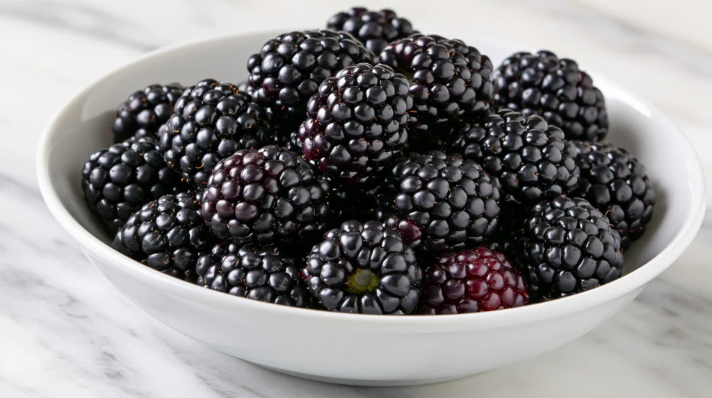 a white bowl of fresh organic blackberries placed on a white marble kitchen counter top