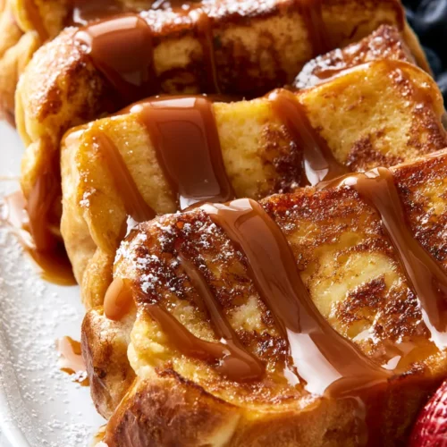 hyper-realistic photo of a whole dish of caramel French toast, thick-cut brioche slices arranged slightly overlapping on a white ceramic serving platter, golden brown crisp edges, soft custardy centers, glossy warm caramel drizzle over the top, light dusting of powdered sugar, a few fresh strawberries and blueberries on the side, rich buttery texture, clean bright white kitchen lighting, minimal shadows, soft elegant brunch styling, no people, no text, no watermark