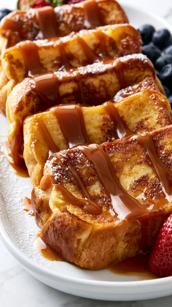 hyper-realistic photo of a whole dish of caramel French toast, thick-cut brioche slices arranged slightly overlapping on a white ceramic serving platter, golden brown crisp edges, soft custardy centers, glossy warm caramel drizzle over the top, light dusting of powdered sugar, a few fresh strawberries and blueberries on the side, rich buttery texture, clean bright white kitchen lighting, minimal shadows, soft elegant brunch styling, no people, no text, no watermark