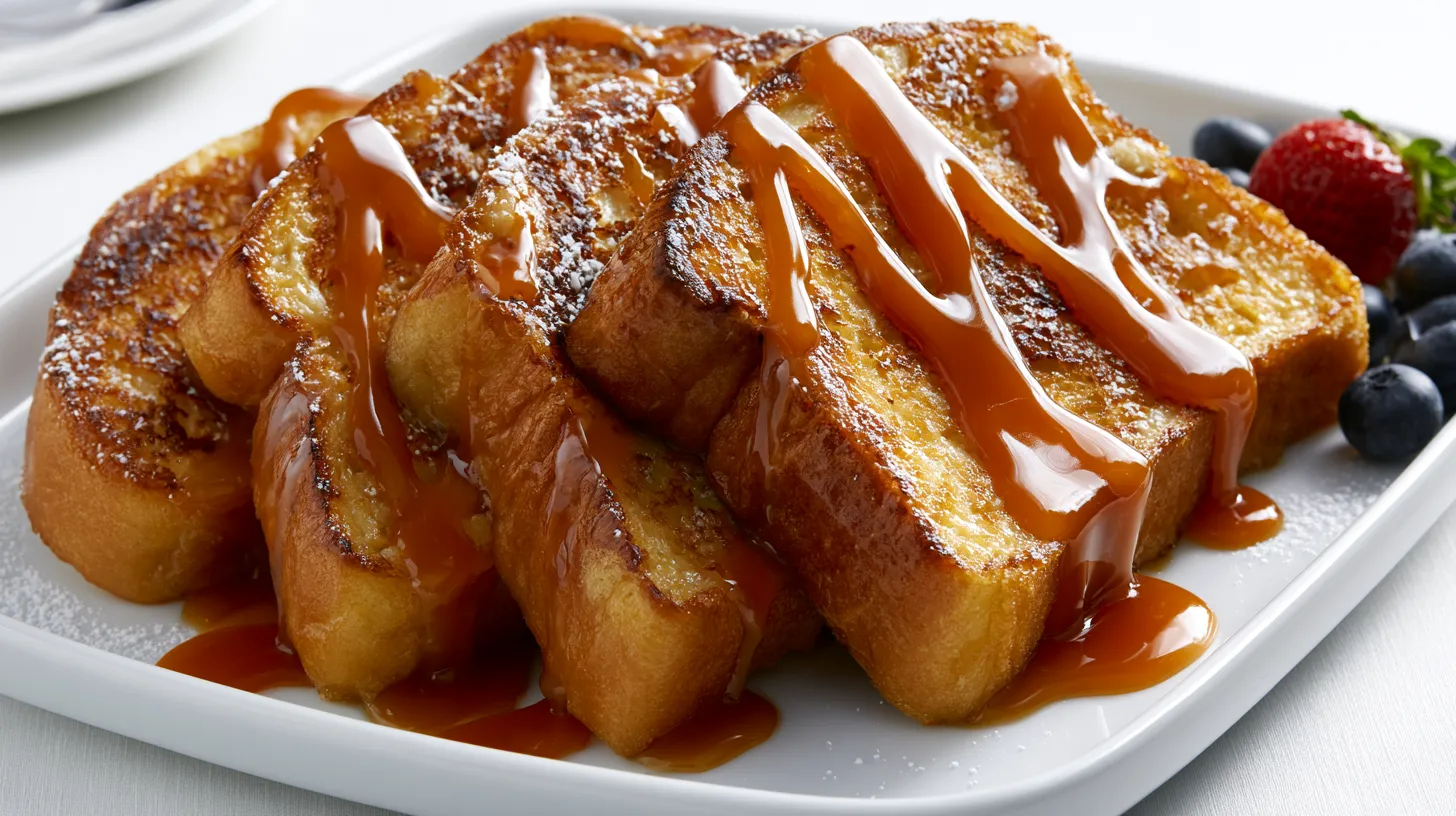 hyper-realistic photo of a whole dish of caramel French toast, thick-cut brioche slices arranged slightly overlapping on a white ceramic serving platter, golden brown crisp edges, soft custardy centers, glossy warm caramel drizzle over the top, light dusting of powdered sugar, a few fresh strawberries and blueberries on the side, rich buttery texture, clean bright white kitchen lighting, minimal shadows, soft elegant brunch styling, no people, no text, no watermark