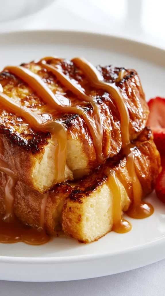 hyper-realistic photo of a plated portion of caramel French toast, two thick slices of brioche French toast on a white round plate, deep golden caramelized surface, crisp browned edges, soft creamy center visible at the cut edge, warm buttery caramel sauce drizzled thickly over the top in glossy amber ribbons, caramel clinging to the toast ridges and pooling lightly around the base, a few sliced strawberries beside the toast, bright white lighting, minimal shadows, clean upscale brunch look, no people, no text, no watermark