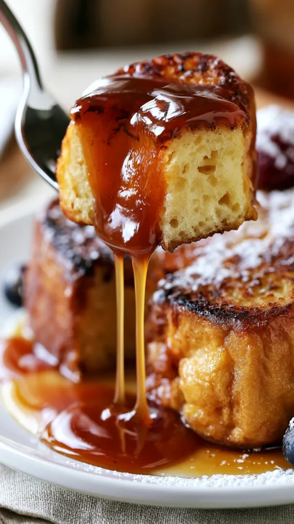hyper-realistic photo of a plated portion of caramel French toast with a fork lift, thick-cut brioche French toast on a white plate placed directly on a white marble kitchen counter with soft gray veining, one bite lifted on a silver fork with no hand visible, a clear bite-sized piece missing from the front slice where the fork lifted it, torn soft custardy interior visible inside the missing bite area, golden crisp outer edge, thick amber caramel sauce coating the lifted bite, rich buttery brown sugar caramel dripping slowly from the fork back toward the toast, glossy caramel pooled on the plate with a smooth velvety finish, fresh berries beside the toast, bright white kitchen lighting, minimal shadows, no tablecloth, no wood surface, no white icing, no cream drizzle, no people, no text, no watermark