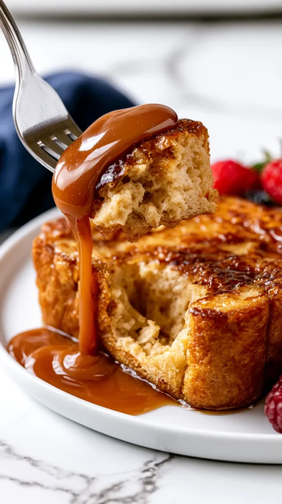 hyper-realistic photo of a plated portion of caramel French toast with a fork lift, thick-cut brioche French toast on a white plate placed directly on a white marble kitchen counter with soft gray veining, one bite lifted on a silver fork with no hand visible, a clear bite-sized piece missing from the front slice where the fork lifted it, torn soft custardy interior visible inside the missing bite area, golden crisp outer edge, thick amber caramel sauce coating the lifted bite, rich buttery brown sugar caramel dripping slowly from the fork back toward the toast, glossy caramel pooled on the plate with a smooth velvety finish, fresh berries beside the toast, bright white kitchen lighting, minimal shadows, no tablecloth, no wood surface, no white icing, no cream drizzle, no people, no text, no watermark