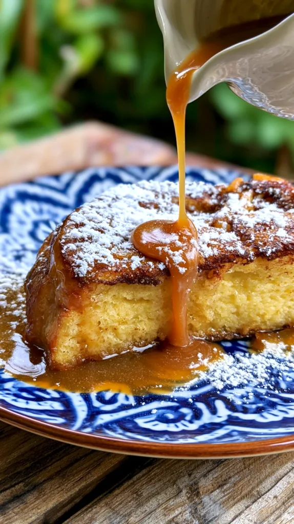 slice of brioche french toast with caramel sauce