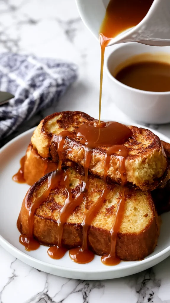 brioche french toast with caramel sauce, on white plate, on a white marble counter