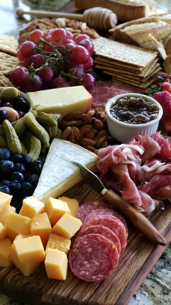 hyper-realistic photo of a beautiful cheese board on a rustic wooden serving board, brie wedge with a small cheese knife, sharp cheddar cubes, smoked gouda slices, folded salami, gathered prosciutto, red grapes on the stem, strawberries, blueberries, olives, cornichons, almonds, fig jam in a small white ramekin, honey dipper, assorted crackers and sliced baguette, full abundant charcuterie board aesthetic, soft natural window light, cozy neutral kitchen table, crisp food details, no people, no hands, no text