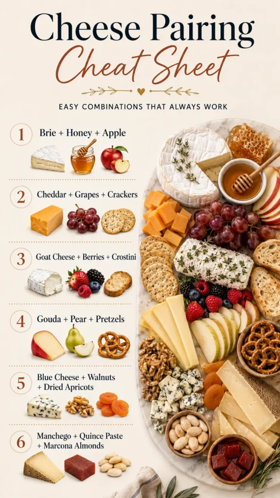 Cheese pairing cheat sheet with brie, cheddar, goat cheese, gouda, blue cheese, and manchego pairing ideas for a cheese board.