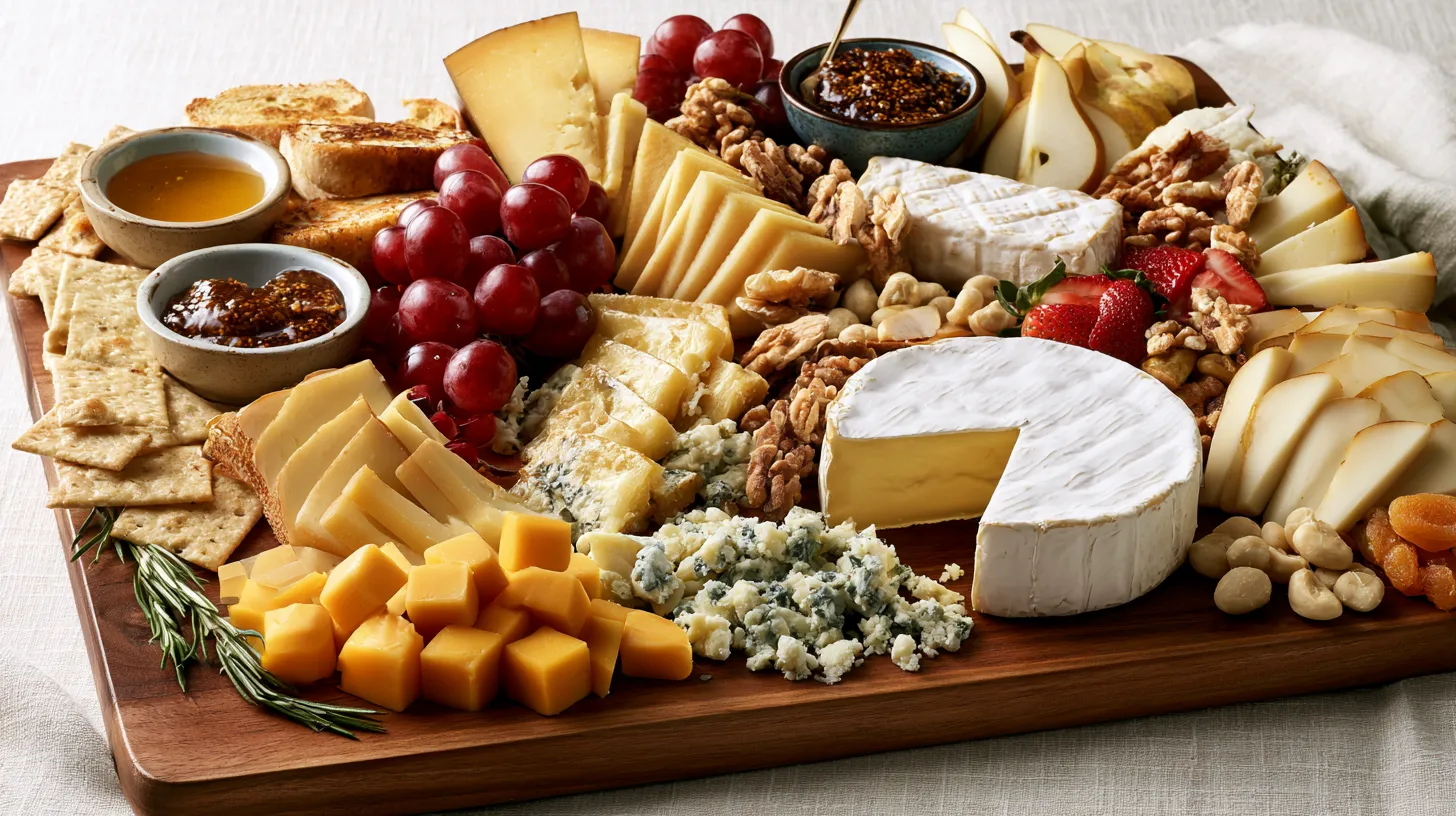 hyper-realistic photo of a large abundant cheese board styled as a hero image, strong focus on a wide variety of cheeses, whole brie wheel with one wedge removed, sliced camembert, sharp cheddar cubes, smoked gouda slices, manchego wedges, blue cheese crumbles, creamy goat cheese log, semi-hard alpine cheese slices, aged parmesan shards, small bowls of honey and fig jam, a few crackers and crostini kept minimal, red grapes, pear slices, strawberries, walnuts, Marcona almonds, dried apricots, rosemary sprigs, elegant editorial food styling, bright white natural lighting, minimal shadows, soft neutral background, overhead with a slight angled perspective, luxurious and inviting, rich texture detail, cheese is the clear star of the scene, no people, no hands, no text