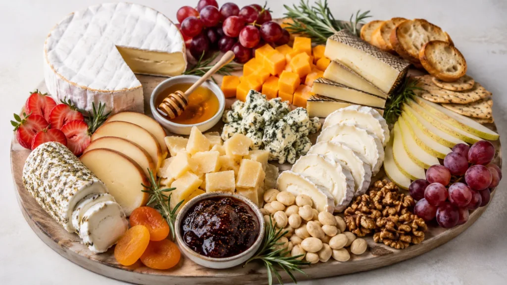 hyper-realistic photo of a large abundant cheese board styled as a hero image, strong focus on a wide variety of cheeses, whole brie wheel with one wedge removed, sliced camembert, sharp cheddar cubes, smoked gouda slices, manchego wedges, blue cheese crumbles, creamy goat cheese log, semi-hard alpine cheese slices, aged parmesan shards, small bowls of honey and fig jam, a few crackers and crostini kept minimal, red grapes, pear slices, strawberries, walnuts, Marcona almonds, dried apricots, rosemary sprigs, elegant editorial food styling, bright white natural lighting, minimal shadows, soft neutral background, overhead with a slight angled perspective, luxurious and inviting, rich texture detail, cheese is the clear star of the scene, no people, no hands, no text
