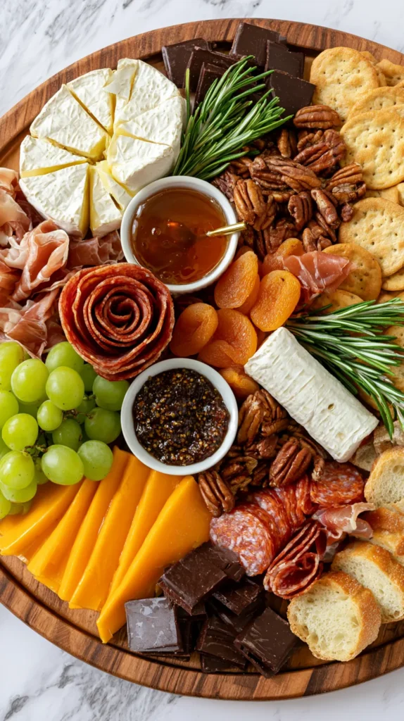 hyper-realistic overhead photo of a simple diy cheese board on a white marble surface, round wooden board filled with brie, cheddar slices, goat cheese log, salami roses, prosciutto folds, green grapes, dried apricots, pecans, dark chocolate squares, rosemary sprigs, honey, pepper jelly, buttery crackers, sliced baguette, clean bright styling, pretty cheese board aesthetic, minimal shadows, no people, no hands, no text