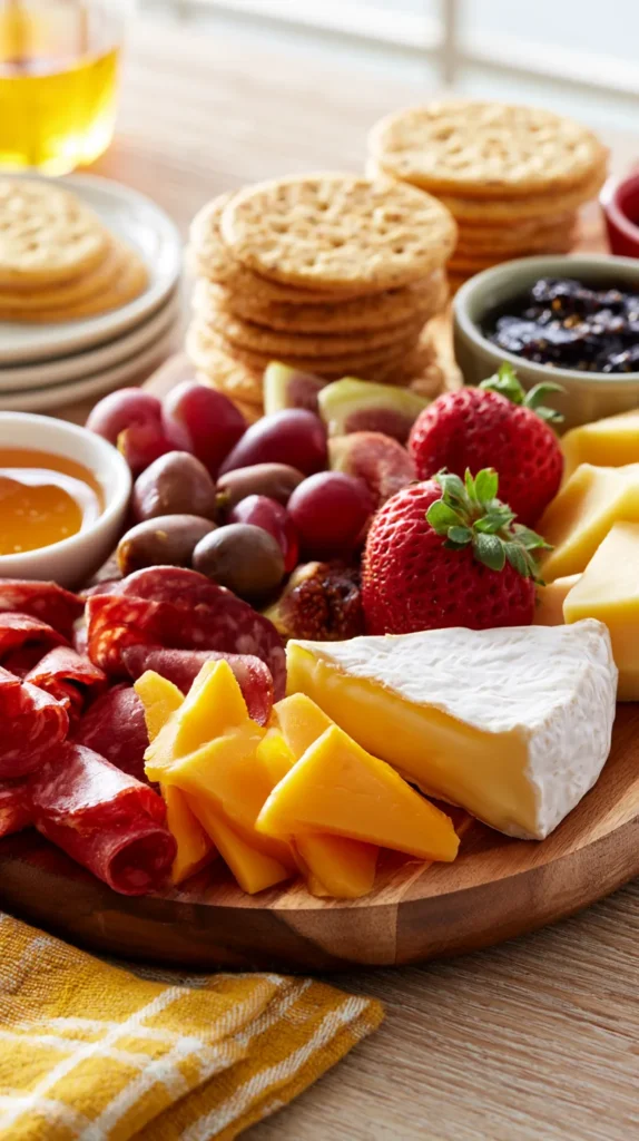 hyper-realistic close-up photo of a cheeseboard platter with visible textures, soft brie cut open slightly, sharp cheddar slices, smoked gouda wedges, folded salami, prosciutto ribbons, glossy grapes, fresh berries, crunchy crackers, rustic baguette slices, almonds, fig jam in a ceramic bowl, honey drizzle on a small spoon, warm natural light, cozy charcuterie board inspo, rich detail, no people, no hands, no text