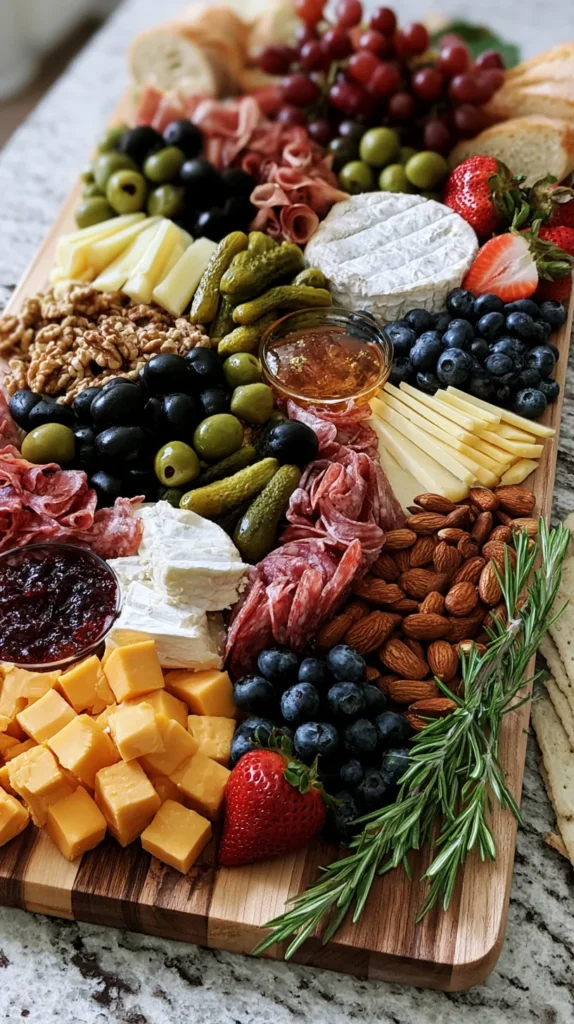 hyper-realistic photo of a colorful cheese platter board styled for a party, rectangular wooden board packed with creamy brie, cubed cheddar, sliced gouda, goat cheese, salami, prosciutto, black olives, green olives, pickles, grapes, blueberries, strawberries, almonds, walnuts, crackers, baguette slices, honey, jam, fresh rosemary, layered full grazing board ideas, bright inviting kitchen island scene, no people, no hands, no text