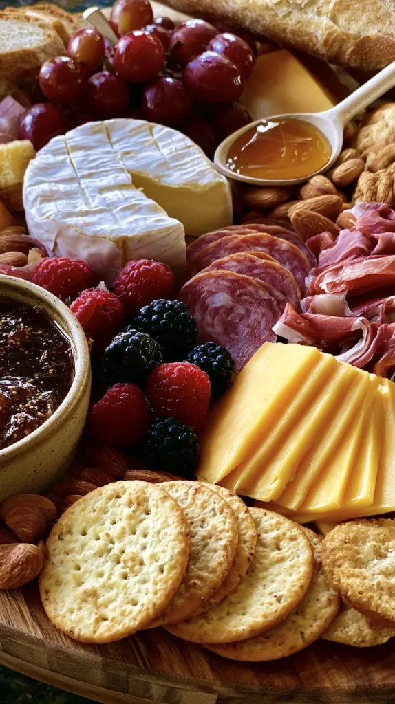 hyper-realistic close-up photo of a cheeseboard platter with visible textures, soft brie cut open slightly, sharp cheddar slices, smoked gouda wedges, folded salami, prosciutto ribbons, glossy grapes, fresh berries, crunchy crackers, rustic baguette slices, almonds, fig jam in a ceramic bowl, honey drizzle on a small spoon, warm natural light, cozy charcuterie board inspo, rich detail, no people, no hands, no text