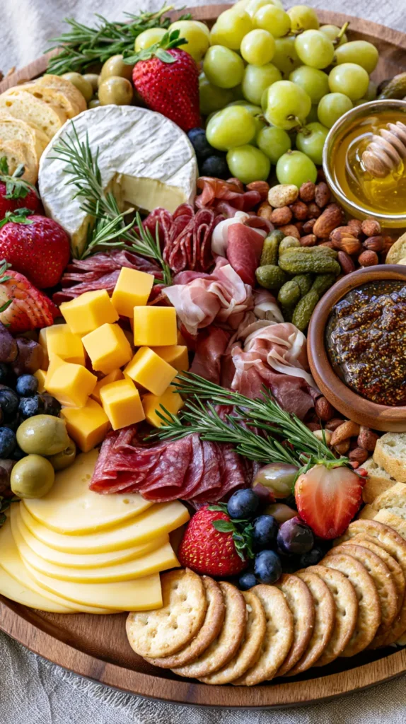 hyper-realistic photo of an elegant but easy cheese board on a neutral linen tablecloth, wooden board arranged with brie, cheddar cubes, gouda slices, goat cheese, salami folds, prosciutto bundles, grapes, strawberries, blueberries, olives, cornichons, nuts, honey, fig jam, round crackers, baguette slices, rosemary garnish, pretty but casual cheese boards ideas, bright airy food photography, soft shadows, no people, no hands, no text