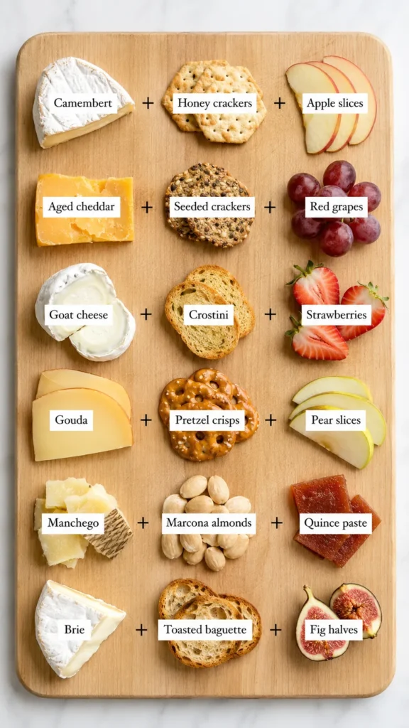 Cheese pairing guide on a wooden board with labeled combinations of cheeses, crackers, fruit, nuts, and spreads for an easy cheese board.