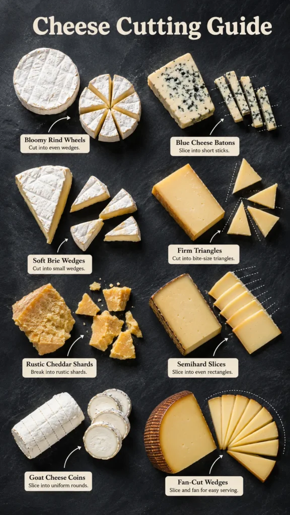 Cheese cutting guide showing different ways to slice brie, blue cheese, cheddar, goat cheese, and firm cheeses for a cheese board.