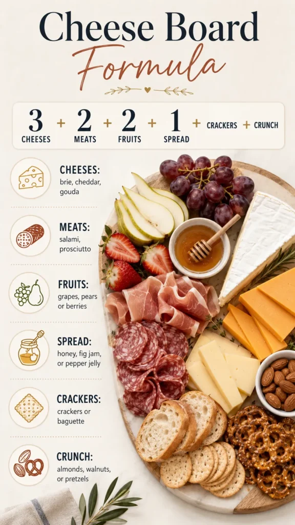 Cheese board formula infographic showing how to build a cheese board with cheeses, meats, fruits, spread, crackers, and crunch.