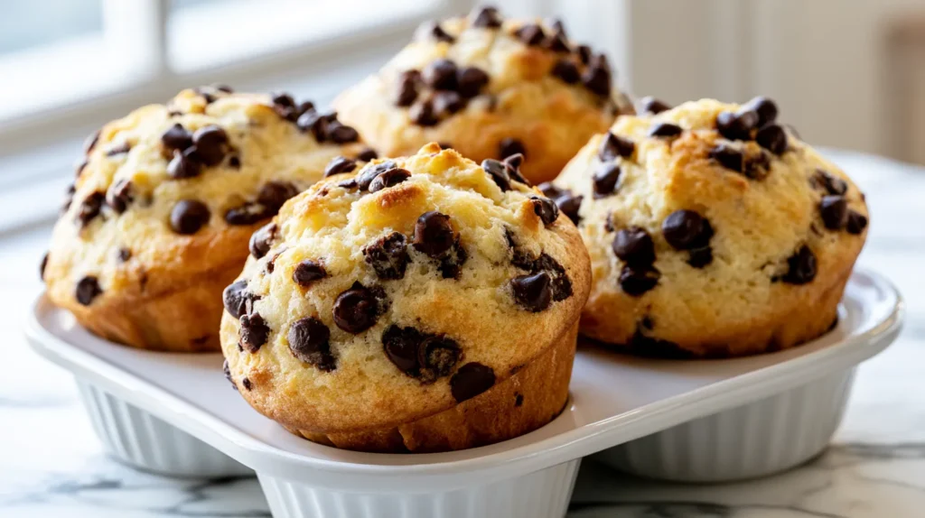 hyper-realistic photo of tall bakery-style chocolate chip muffins with golden domed tops, soft pale golden crumb, semi-sweet chocolate chips baked throughout and scattered on top, slightly craggy homemade muffin tops, moist tender texture, arranged in a white ceramic muffin tray on a white marble kitchen counter, bright natural window light, clean cozy kitchen background, minimal shadows, crisp realistic food photography, no text, no watermark, no people