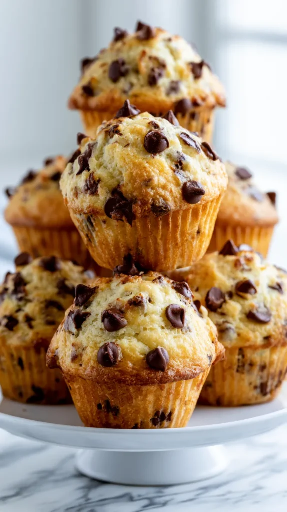 hyper-realistic vertical photo of tall bakery-style chocolate chip muffins with golden domed tops, soft pale golden crumb, semi-sweet chocolate chips baked throughout and scattered on top, slightly craggy homemade muffin tops, moist tender texture, stacked casually on a simple white cake stand, white marble kitchen counter, bright airy natural lighting, cozy homemade bakery mood, shallow depth of field, no text, no watermark, no people