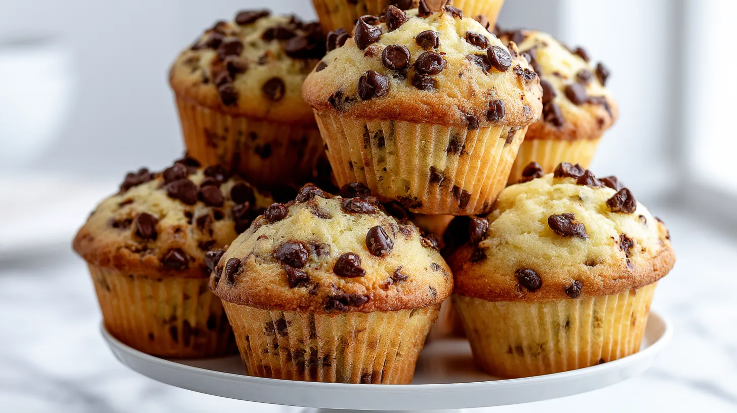 hyper-realistic vertical photo of tall bakery-style chocolate chip muffins with golden domed tops, soft pale golden crumb, semi-sweet chocolate chips baked throughout and scattered on top, slightly craggy homemade muffin tops, moist tender texture, stacked casually on a simple white cake stand, white marble kitchen counter, bright airy natural lighting, cozy homemade bakery mood, shallow depth of field, no text, no watermark, no people