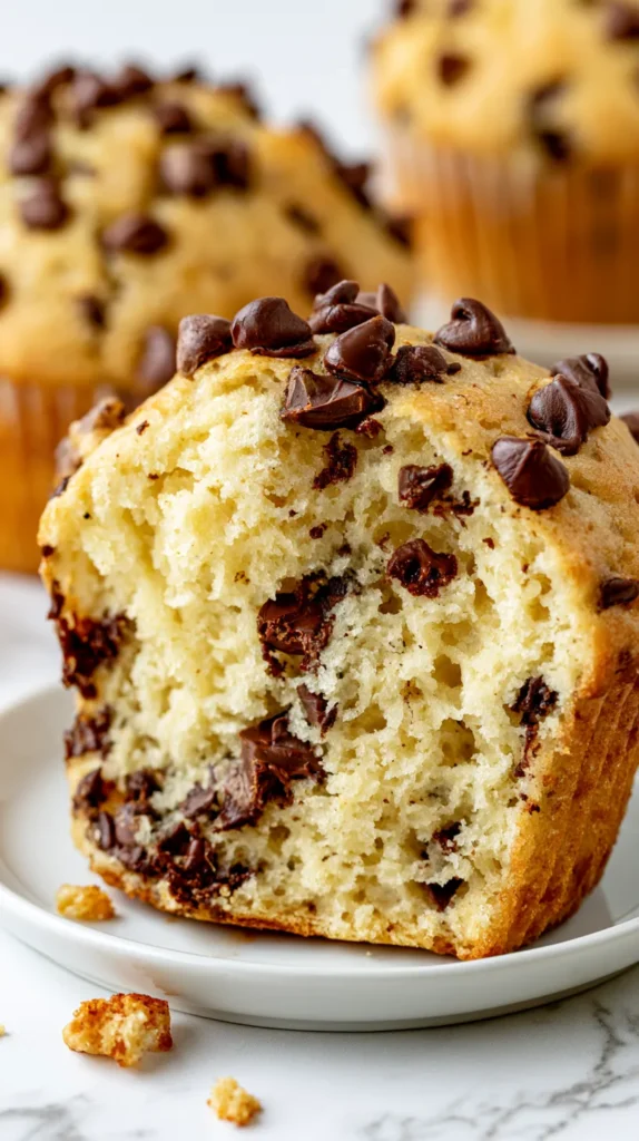 hyper-realistic vertical Pinterest-style photo of tall bakery-style chocolate chip muffins on a white plate, one muffin broken open in front, golden domed tops, soft pale golden crumb, semi-sweet chocolate chips baked throughout and scattered on top, slightly craggy homemade muffin tops, moist tender texture, scattered chocolate chips, white marble counter, bright airy kitchen background, soft natural shadows, cozy breakfast baking mood, no text, no watermark, no people
