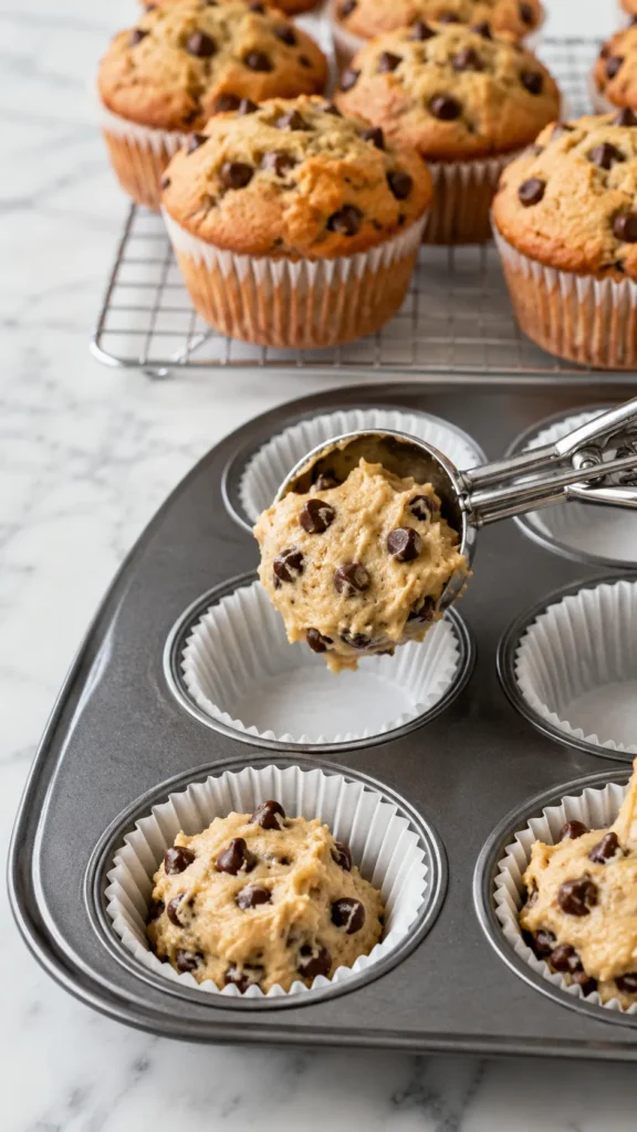 hyper-realistic vertical photo of thick chocolate chip muffin batter being scooped into a lined muffin tin, with finished tall bakery-style chocolate chip muffins in the background, golden domed tops, soft pale golden crumb, semi-sweet chocolate chips baked throughout and scattered on top, slightly craggy homemade muffin tops, moist tender texture, white paper muffin liners