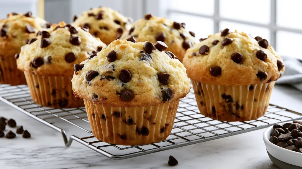 hyper-realistic photo of tall bakery-style chocolate chip muffins cooling on a wire rack, golden domed tops, soft pale golden crumb, semi-sweet chocolate chips baked throughout and scattered on top, slightly craggy homemade muffin tops, moist tender texture, white marble kitchen counter, small bowl of chocolate chips nearby, bright natural window light, clean cozy kitchen background, no text, no watermark, no people