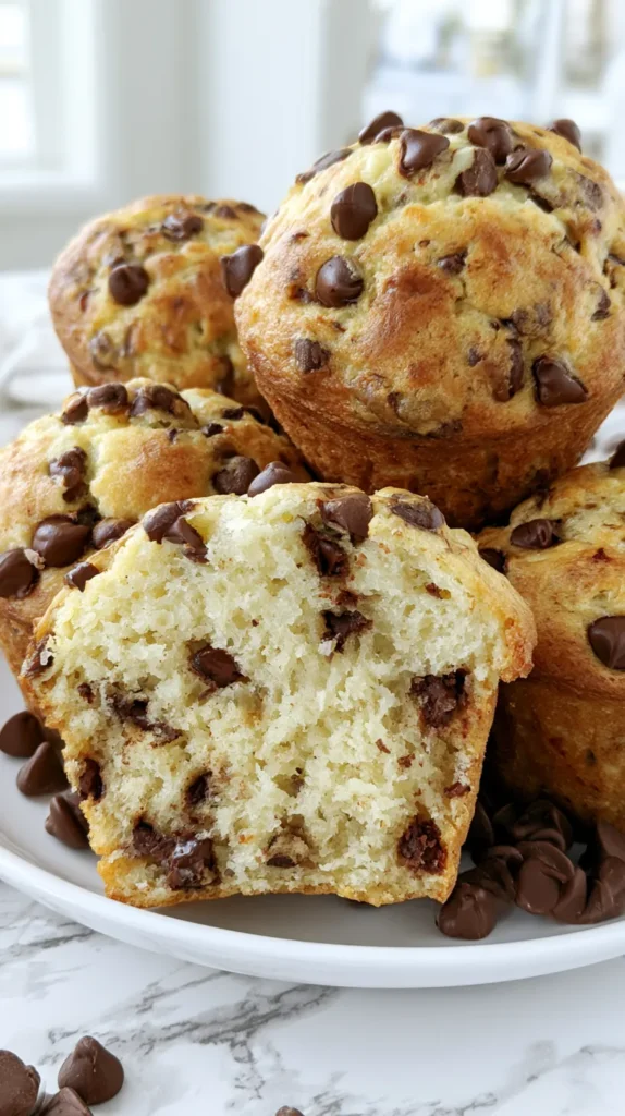 hyper-realistic vertical Pinterest-style photo of tall bakery-style chocolate chip muffins on a white plate, one muffin broken open in front, golden domed tops, soft pale golden crumb, semi-sweet chocolate chips baked throughout and scattered on top, slightly craggy homemade muffin tops, moist tender texture, scattered chocolate chips, white marble counter, bright airy kitchen background, soft natural shadows, cozy breakfast baking mood, no text, no watermark, no people