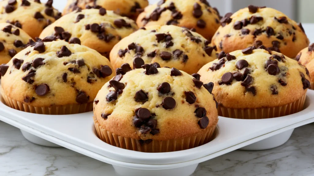 hyper-realistic photo of a white muffin pan filled with tall bakery-style chocolate chip muffins, golden domed tops, soft pale golden crumb, semi-sweet chocolate chips baked throughout and scattered on top, slightly craggy homemade muffin tops, moist tender texture, white marble kitchen counter, bright natural light, clean minimal kitchen background, realistic homemade baking scene, no text, no watermark, no people