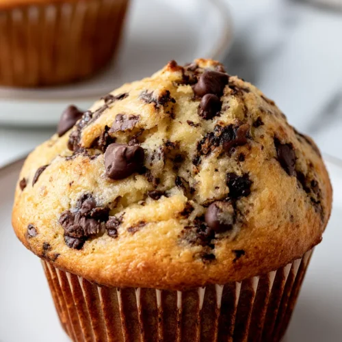 bakery-style chocolate chip muffin on a white plate, plate set on a white marble counter top