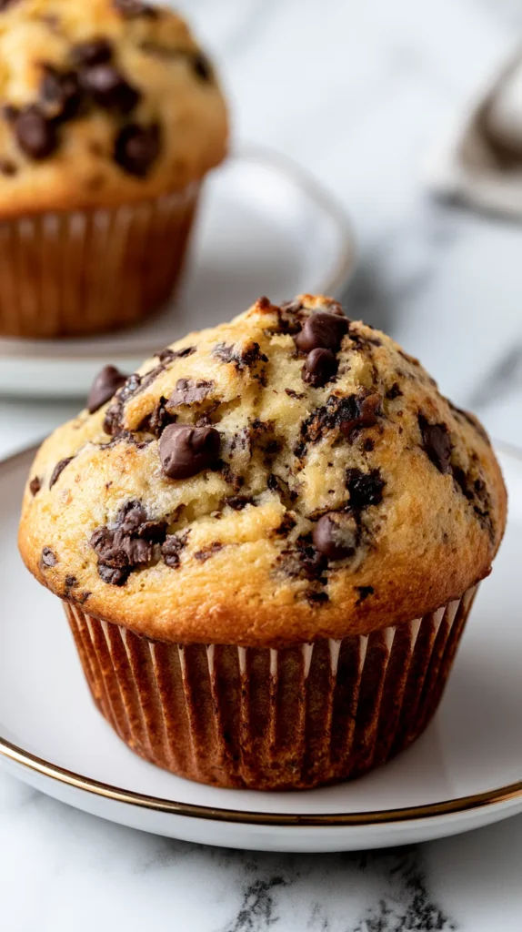 bakery-style chocolate chip muffin on a white plate, plate set on a white marble counter top