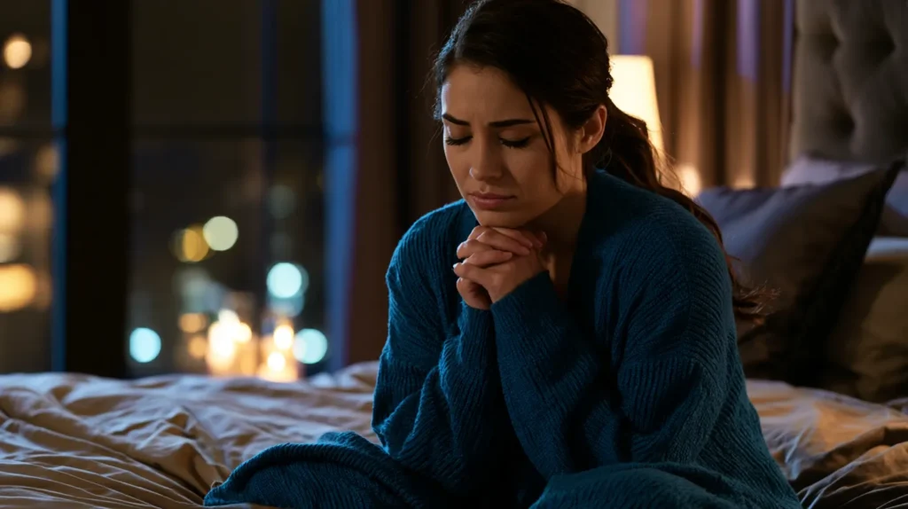 woman praying, sitting on her bed, at night