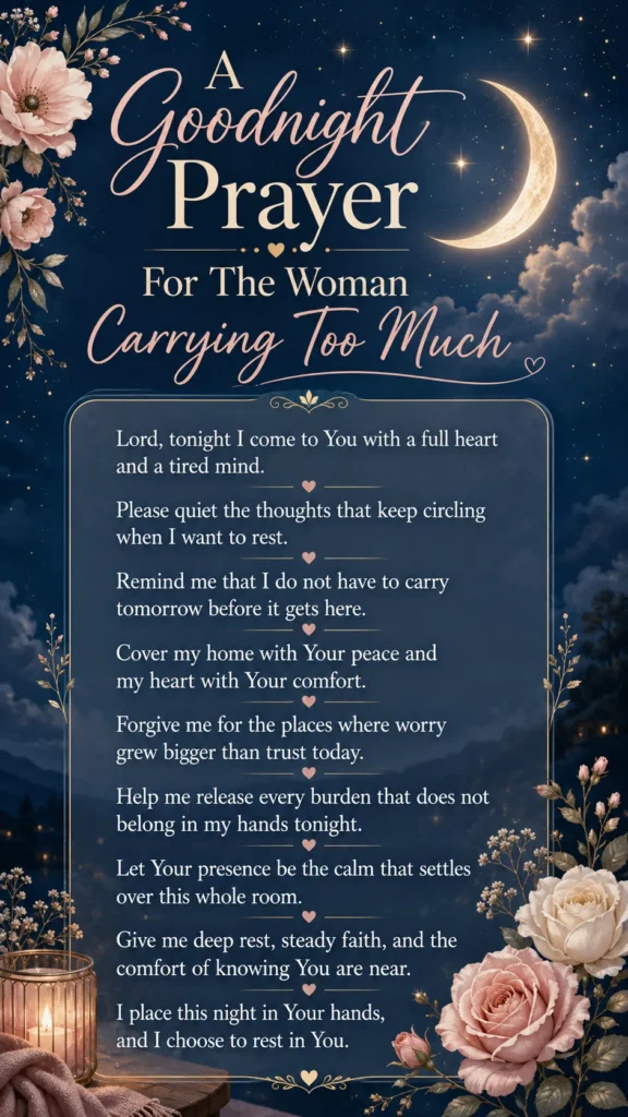 A goodnight prayer pin with a deep navy starry sky, crescent moon, blush flowers, and a long prayer for a woman carrying too much.
