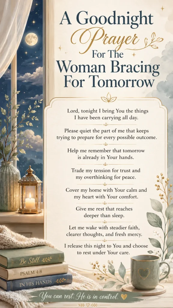 A peaceful goodnight prayer pin with a moonlit window, candle, stacked books, sage accents, and a prayer for the woman bracing for tomorrow.