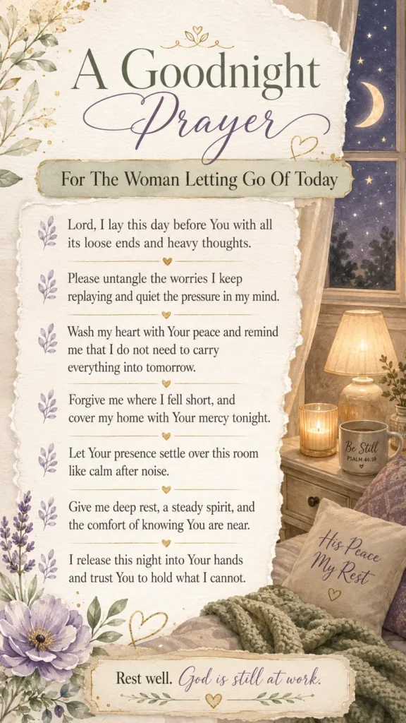 A soft watercolor goodnight prayer pin with lavender florals, bedside lamp, cozy blanket, and a prayer for letting go of today.