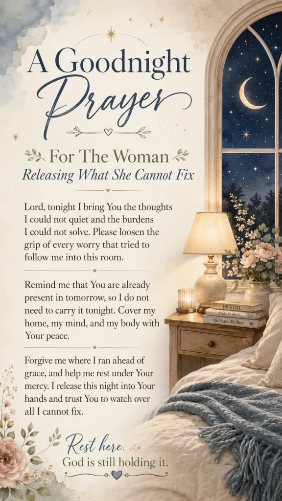 A calming goodnight prayer pin with an arched moonlit window, cozy bed, blue throw blanket, and a prayer for releasing what she cannot fix.