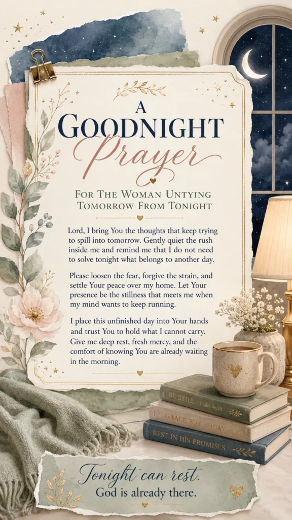 A feminine goodnight prayer pin with layered paper, sage and dusty blue accents, books, mug, and a prayer for untying tomorrow from tonight.